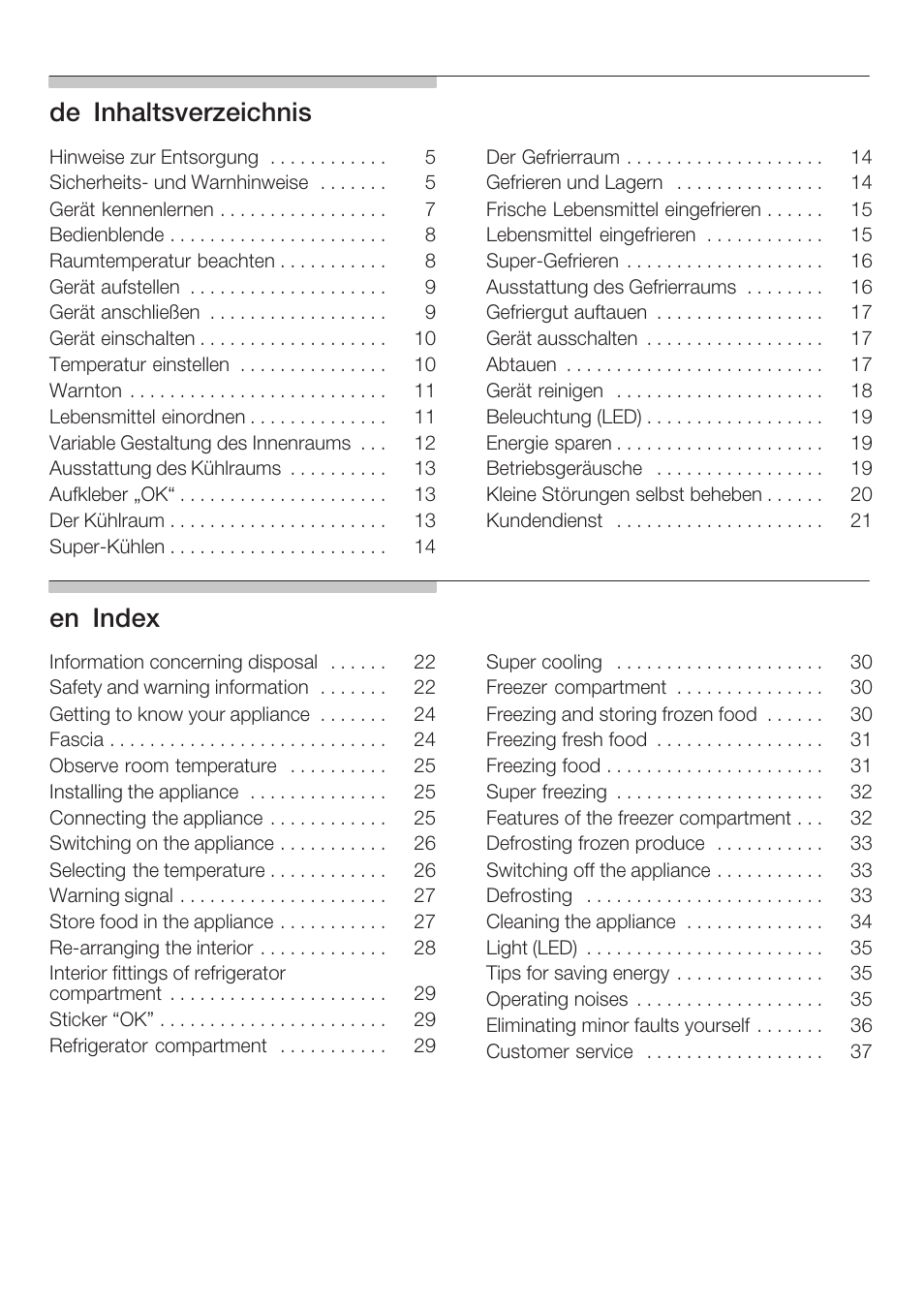 Deąinhaltsverzeichnis, Enąindex | Neff K8341X0 User Manual | Page 2 / 100