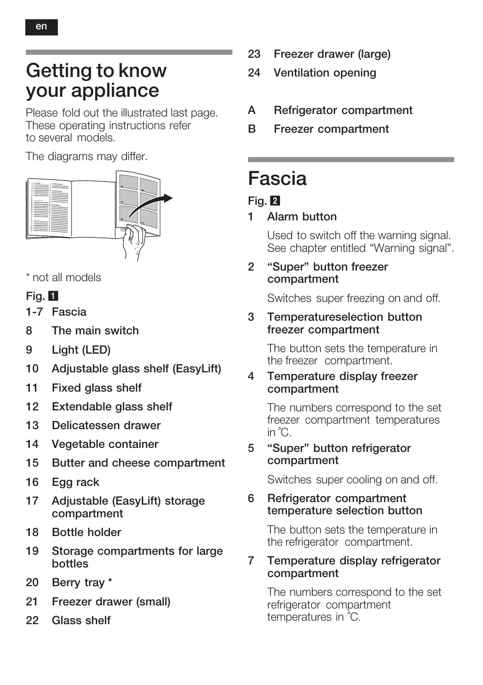 Getting to know your appliance, Fascia | Neff K8341X0 User Manual | Page 24 / 100