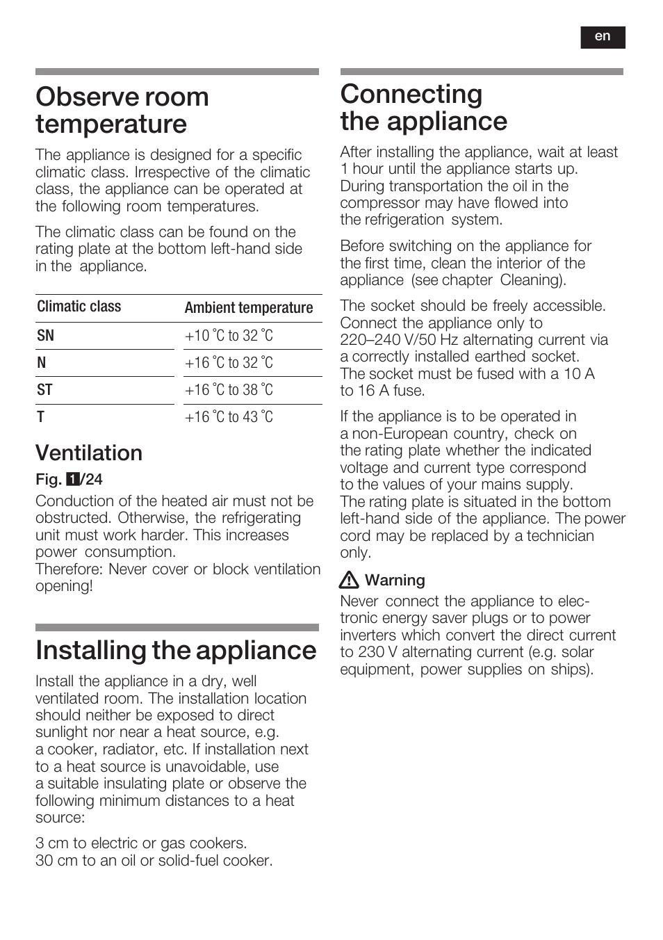 Observe room temperature, Installing the appliance, Connecting the appliance | Ventilation | Neff K8341X0 User Manual | Page 25 / 100