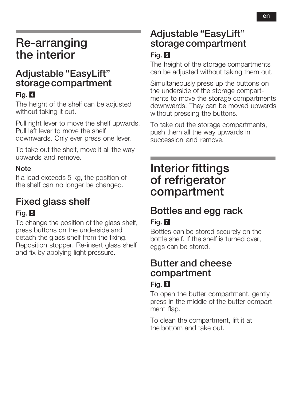Rećarranging the interior, Interior fittings of refrigerator compartment, Adjustable easylift" storage compartment | Fixed glass shelf, Bottles and egg rack, Butter and cheese compartment | Neff K8341X0 User Manual | Page 29 / 100
