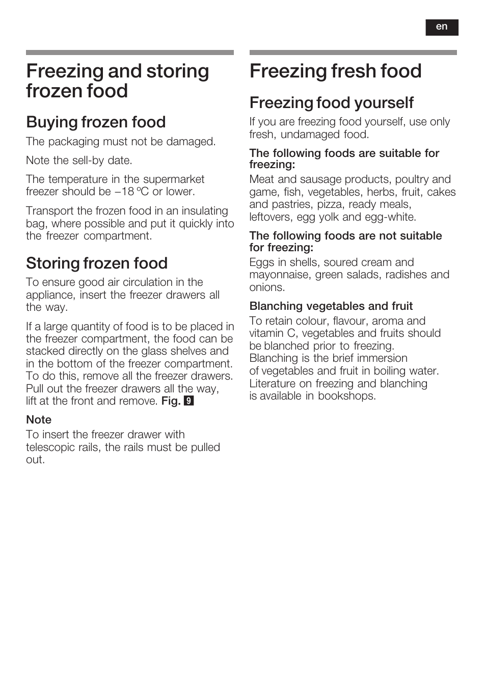Freezing and storing frozen food, Freezing fresh food, Buying frozen food | Storing frozen food, Freezing food yourself | Neff K8341X0 User Manual | Page 31 / 100