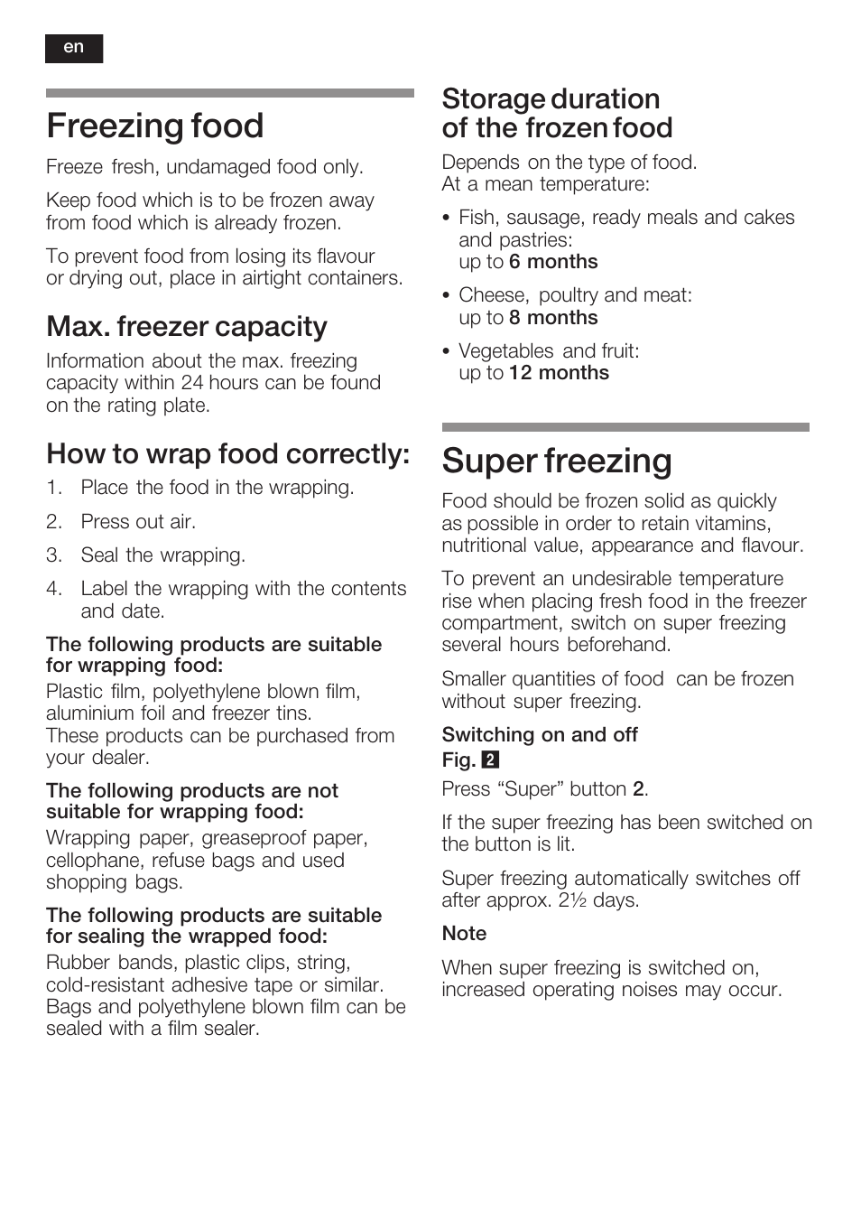 Freezing food, Super freezing, Max. freezer capacity | How to wrap food correctly, Storage duration of the frozen food | Neff K8341X0 User Manual | Page 32 / 100
