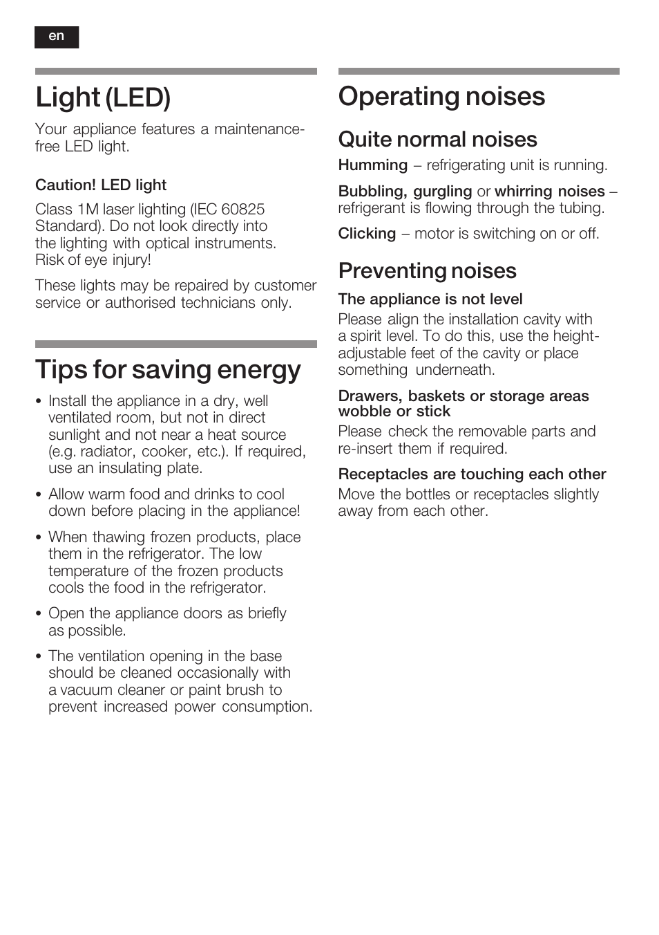 Light, Led), Tips for saving energy | Operating noises, Quite normal noises, Preventing noises | Neff K8341X0 User Manual | Page 36 / 100
