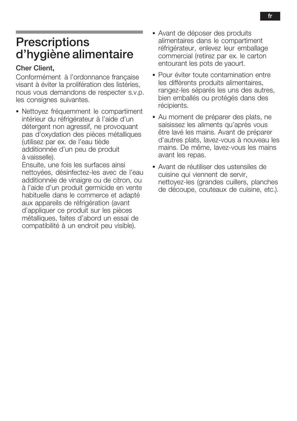 Prescriptions d'hygiène alimentaire | Neff K8341X0 User Manual | Page 39 / 100