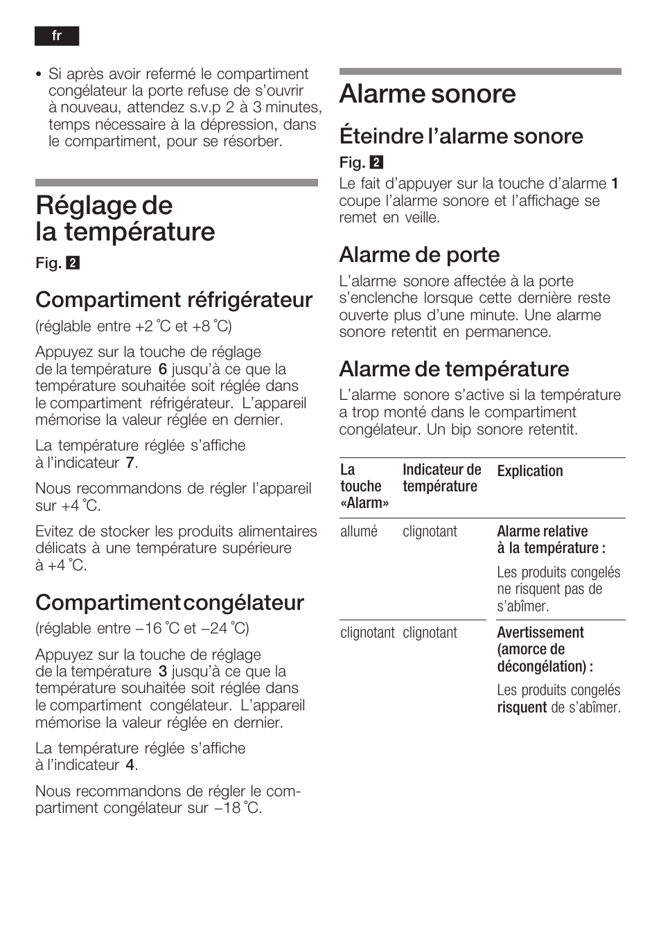 Réglage de la température, Alarme sonore, Compartiment réfrigérateur | Compartiment congélateur, Éteindre l'alarme sonore, Alarme de porte, Alarme de température | Neff K8341X0 User Manual | Page 46 / 100