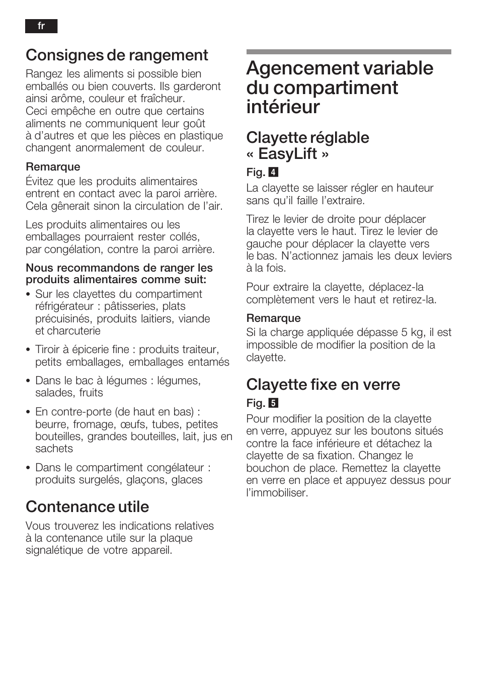Agencement variable du compartiment intérieur, Consignes de rangement, Contenance utile | Clayette réglable « easylift, Clayette fixe en verre | Neff K8341X0 User Manual | Page 48 / 100