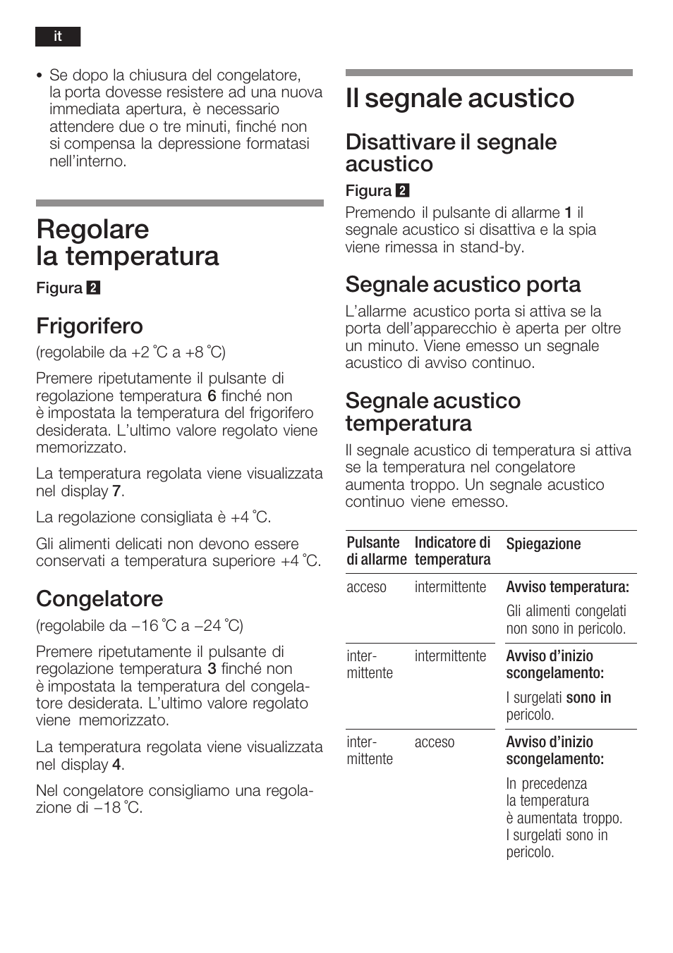 Regolare la temperatura, Il segnale acustico, Frigorifero | Congelatore, Disattivare il segnale acustico, Segnale acustico porta, Segnale acustico temperatura | Neff K8341X0 User Manual | Page 66 / 100