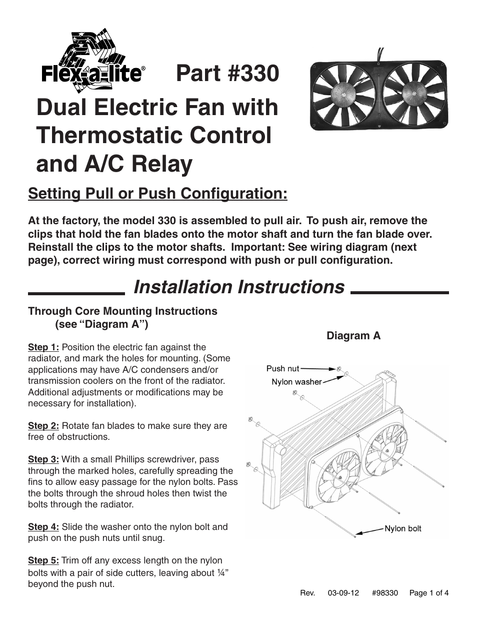 Flex-a-Lite 330 Dual Electric Fan with Thermostatic Control and A/C Relay User Manual | 4 pages