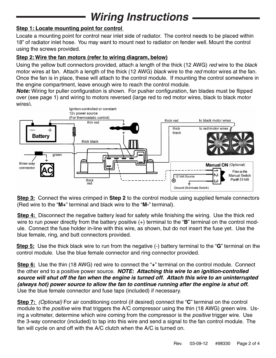 Wiring instructions | Flex-a-Lite 330 Dual Electric Fan with Thermostatic Control and A/C Relay User Manual | Page 2 / 4