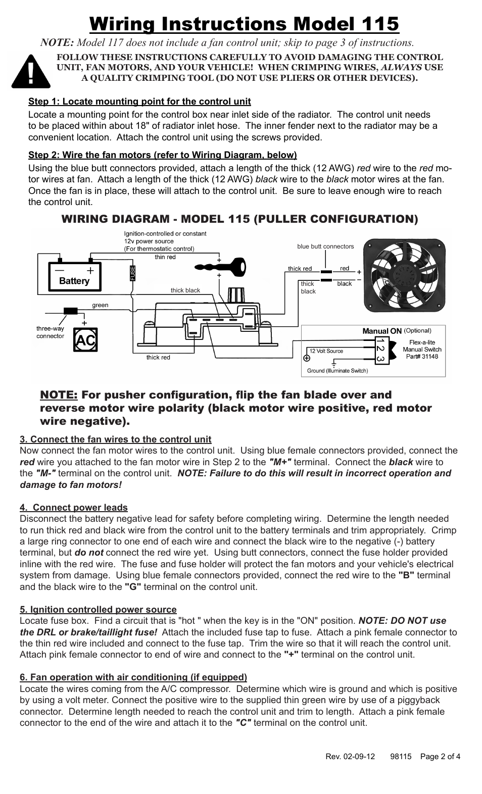 Wiring instructions model 115 | Flex-a-Lite 117 Electric Cooling Fan User Manual | Page 2 / 4