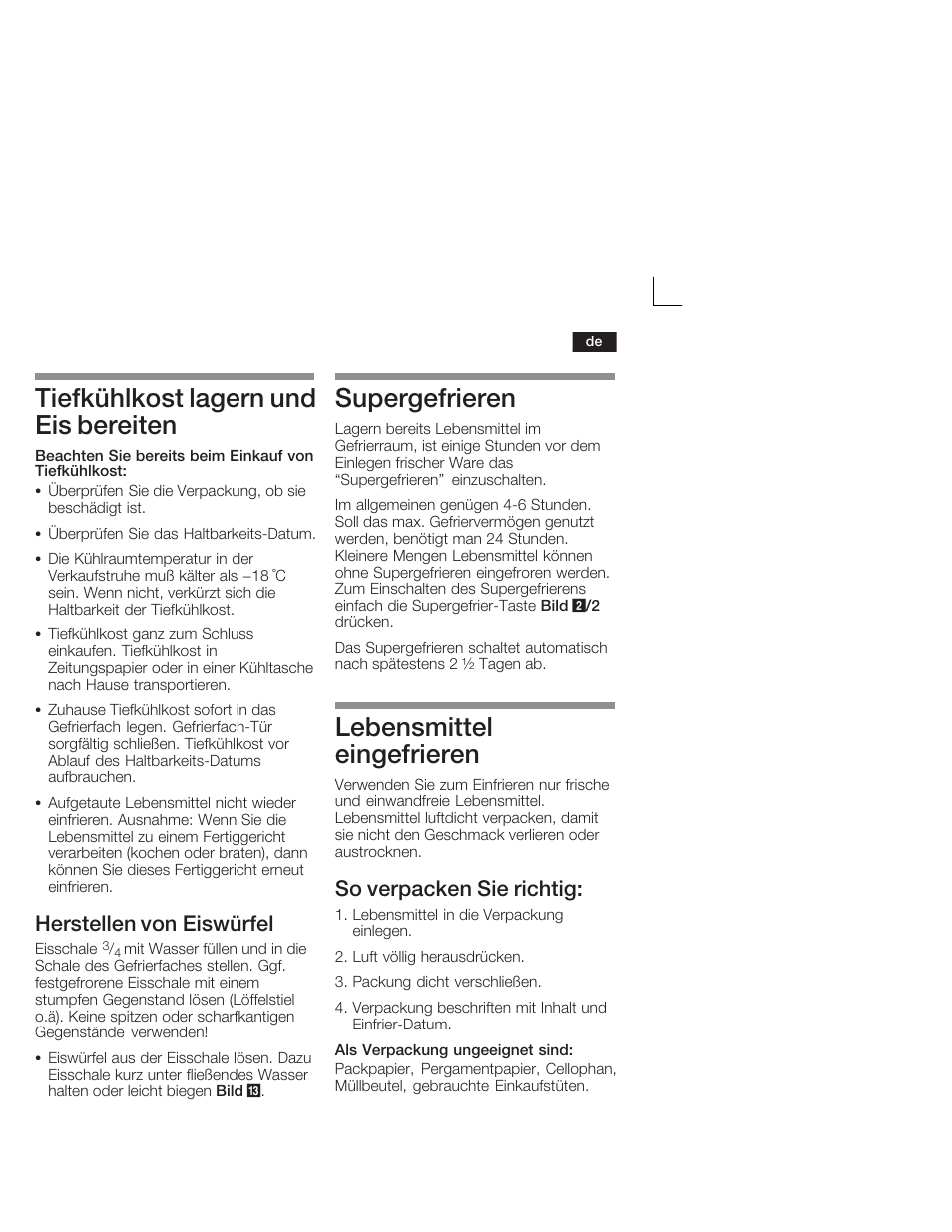 Tiefkühlkost lagern und eis bereiten, Supergefrieren, Lebensmittel eingefrieren | Herstellen von eiswürfel, So verpacken sie richtig | Neff K5664X7 User Manual | Page 11 / 89