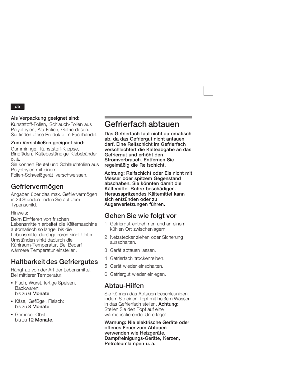 Gefrierfach abtauen, Gefriervermögen, Haltbarkeit des gefriergutes | Gehen sie wie folgt vor, Abtaućhilfen | Neff K5664X7 User Manual | Page 12 / 89