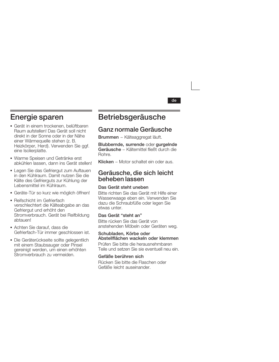 Energie sparen, Betriebsgeräusche, Ganz normale geräusche | Geräusche, die sich leicht beheben lassen | Neff K5664X7 User Manual | Page 15 / 89