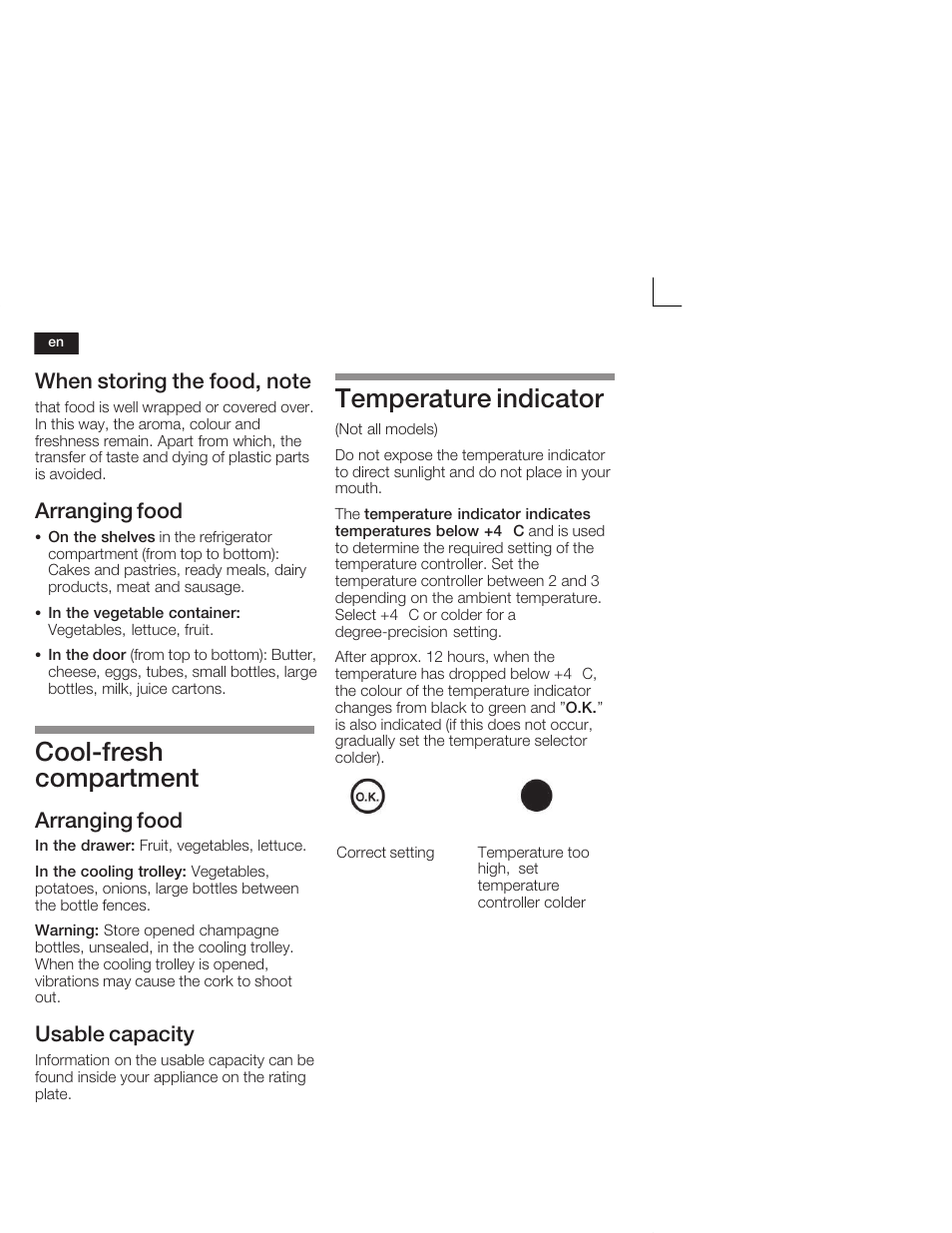 Coolćfresh compartment, Temperature indicator, Arranging food | Usable capacity | Neff K5664X7 User Manual | Page 24 / 89