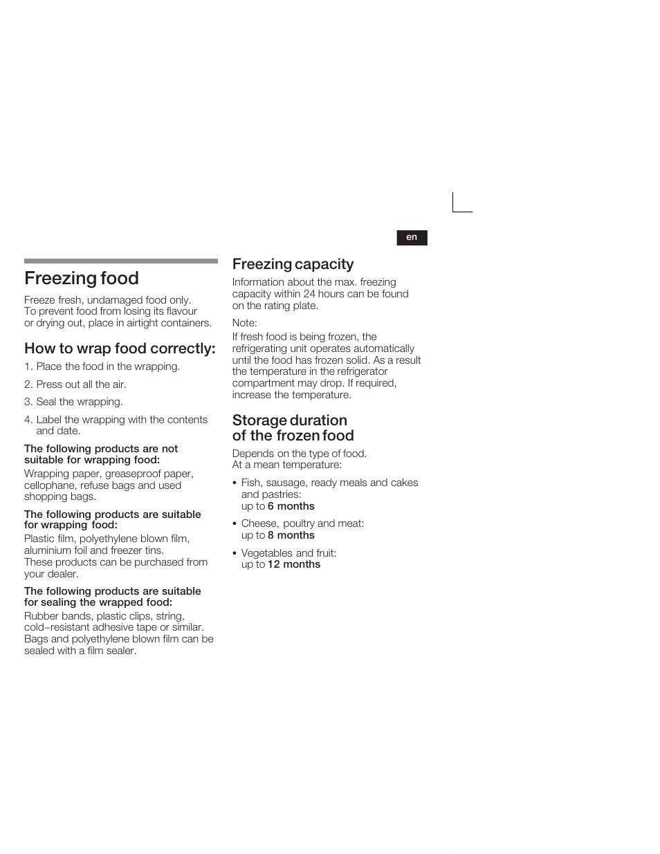 Freezing food, How to wrap food correctly, Freezing capacity | Storage duration of the frozen food | Neff K5664X7 User Manual | Page 27 / 89