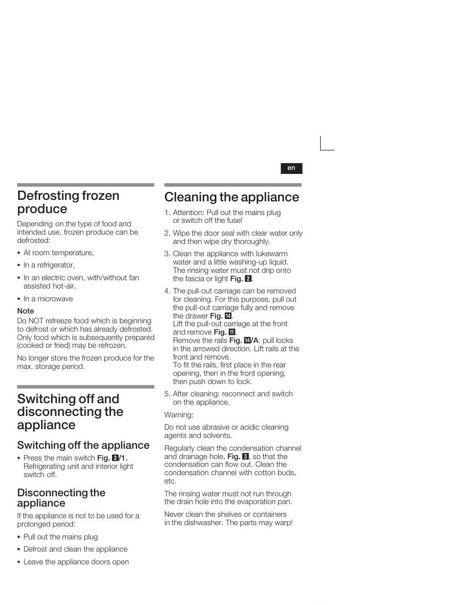 Defrosting frozen produce, Switching off and disconnecting the appliance, Cleaning the appliance | Switching off the appliance, Disconnecting the appliance | Neff K5664X7 User Manual | Page 29 / 89