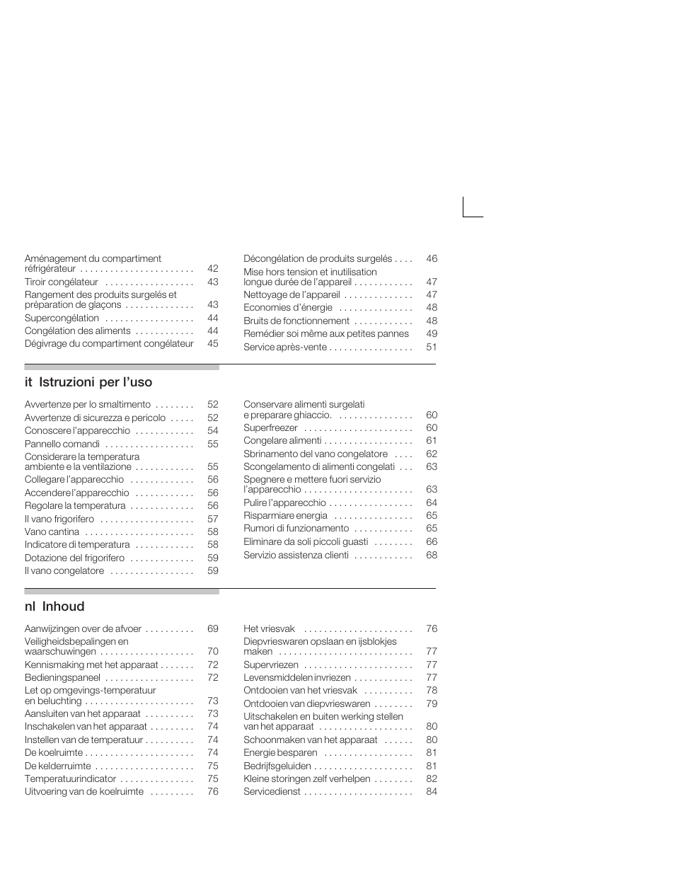 Itąistruzioni per l'uso, Nląinhoud | Neff K5664X7 User Manual | Page 3 / 89