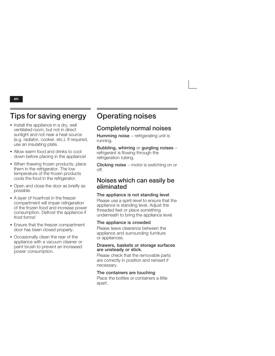 Tips for saving energy, Operating noises, Completely normal noises | Noises which can easily be eliminated | Neff K5664X7 User Manual | Page 30 / 89