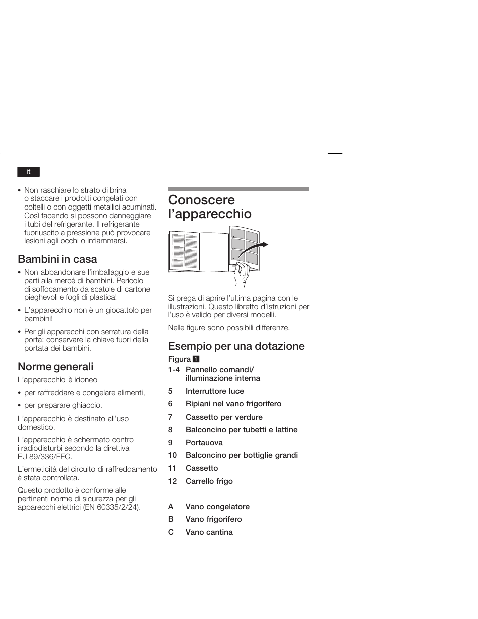 Conoscere l'apparecchio, Bambini in casa, Norme generali | Esempio per una dotazione | Neff K5664X7 User Manual | Page 54 / 89
