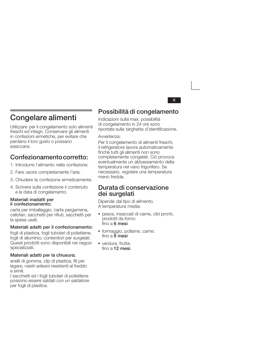 Congelare alimenti, Confezionamento corretto, Possibilità di congelamento | Durata di conservazione dei surgelati | Neff K5664X7 User Manual | Page 61 / 89