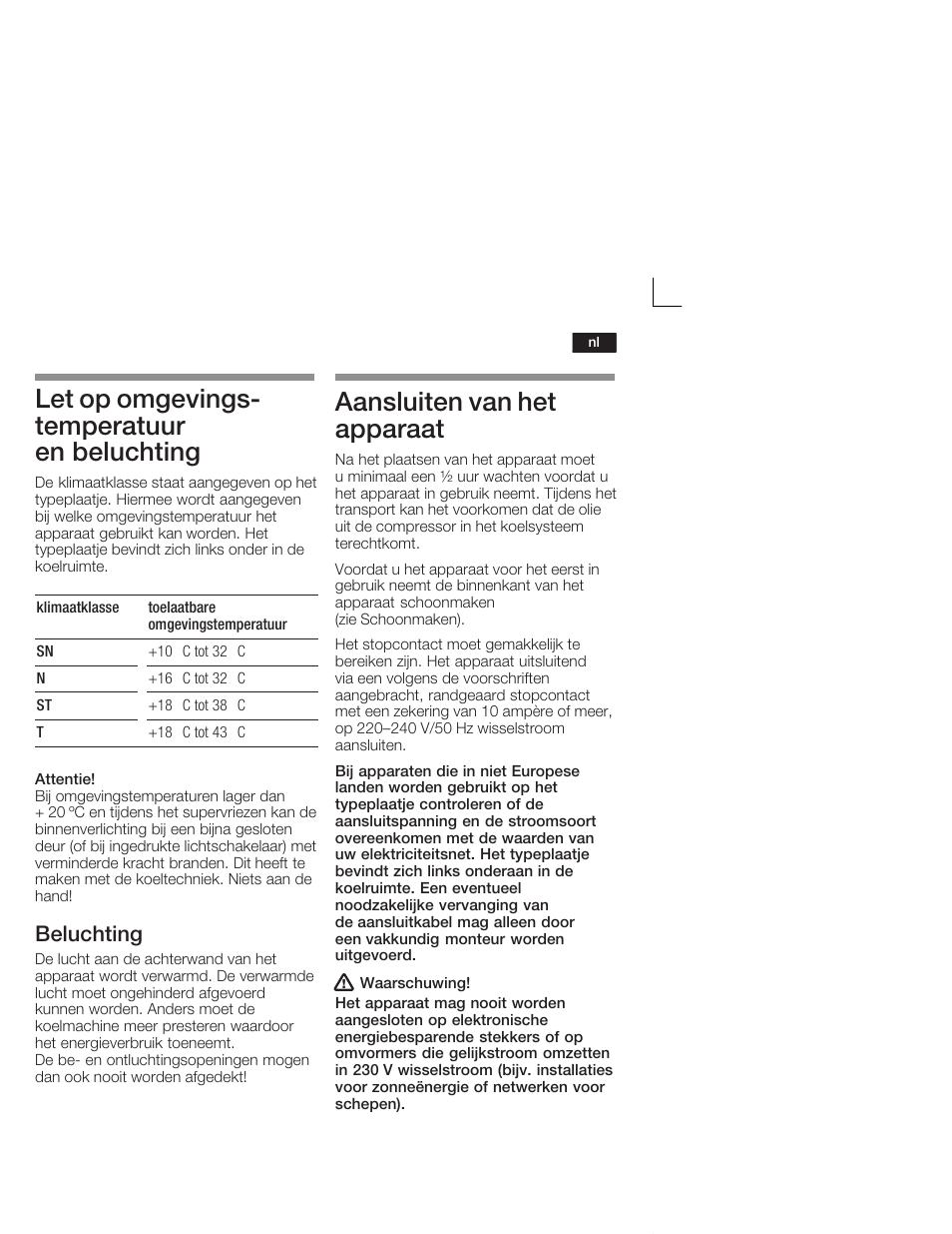 Let op omgevingsć temperatuur en beluchting, Aansluiten van het apparaat, Beluchting | Neff K5664X7 User Manual | Page 73 / 89