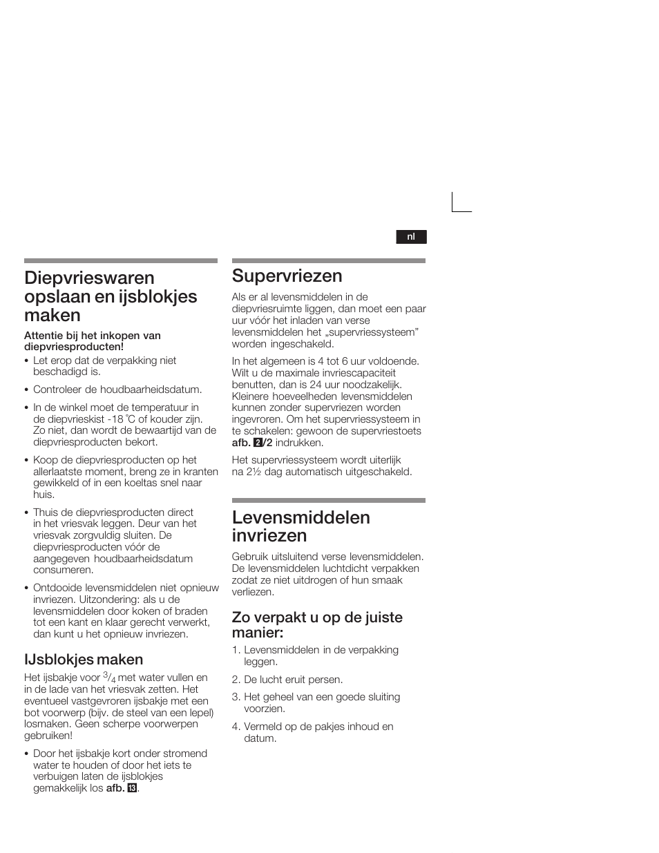 Diepvrieswaren opslaan en ijsblokjes maken, Supervriezen, Levensmiddelen invriezen | Ijsblokjes maken, Zo verpakt u op de juiste manier | Neff K5664X7 User Manual | Page 77 / 89