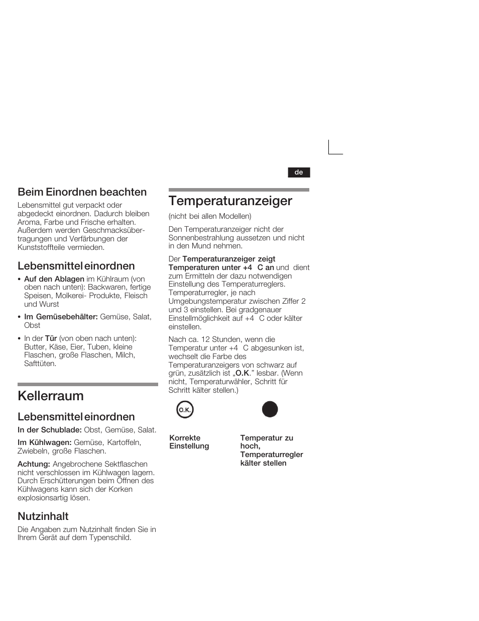 Kellerraum, Temperaturanzeiger, Beim einordnen beachten | Lebensmittel einordnen, Nutzinhalt | Neff K5664X7 User Manual | Page 9 / 89
