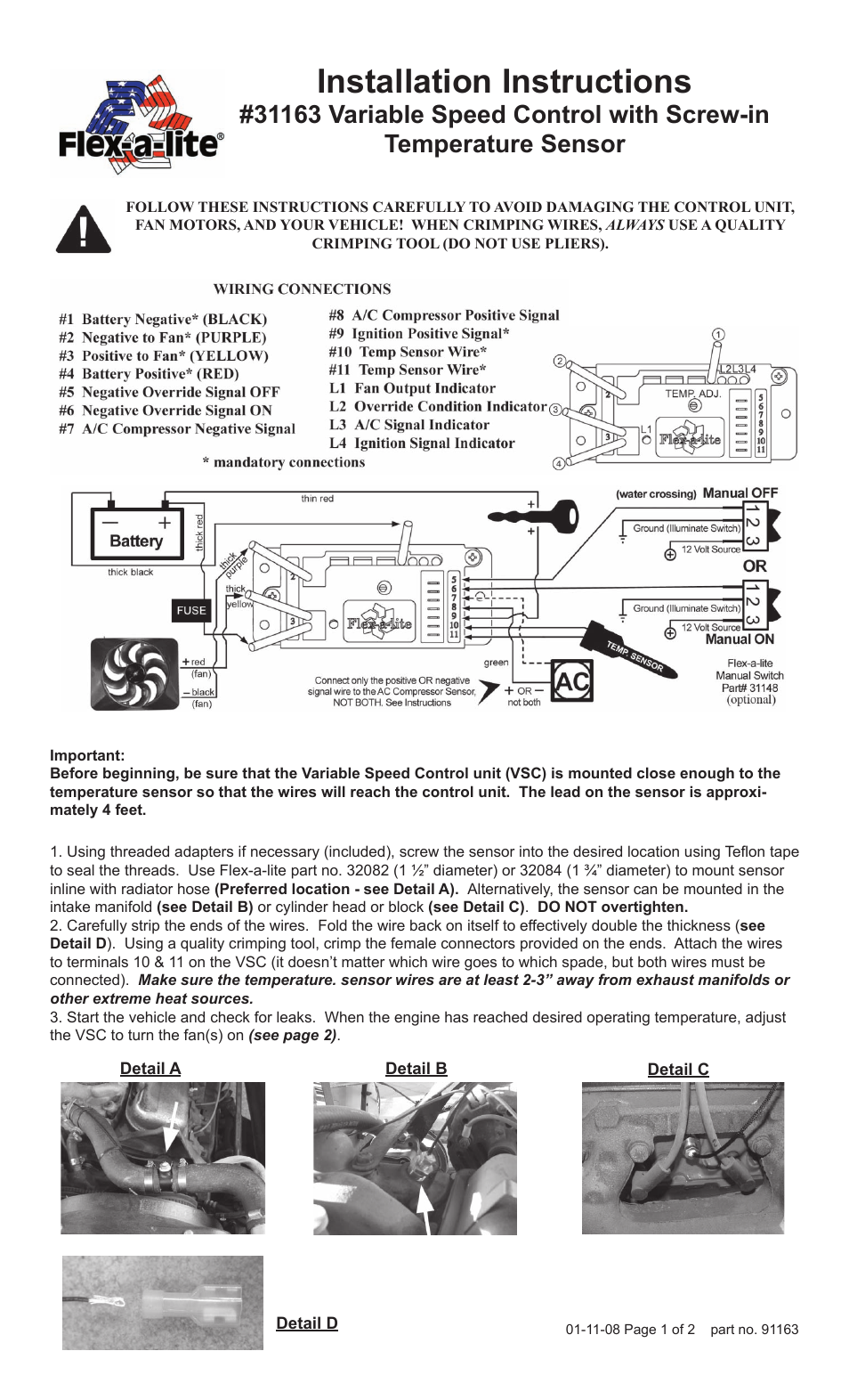 Flex-a-Lite 31163 Variable Speed Control with Screw-in Temperature Sensor User Manual | 2 pages