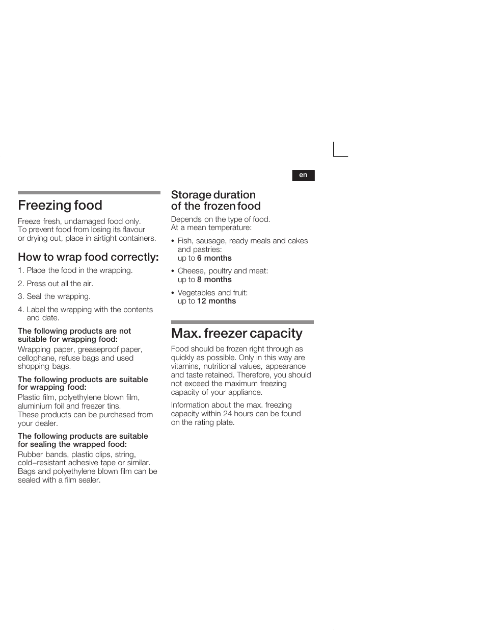 Freezing food, Max. freezer capacity, How to wrap food correctly | Storage duration of the frozen food | Neff K1664X6 User Manual | Page 25 / 78