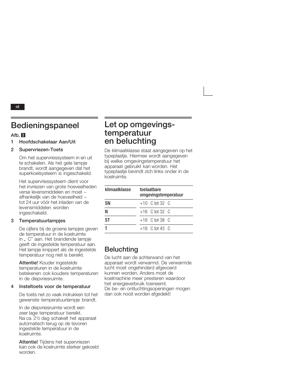 Bedieningspaneel, Let op omgevingsć temperatuur en beluchting, Beluchting | Neff K1664X6 User Manual | Page 64 / 78