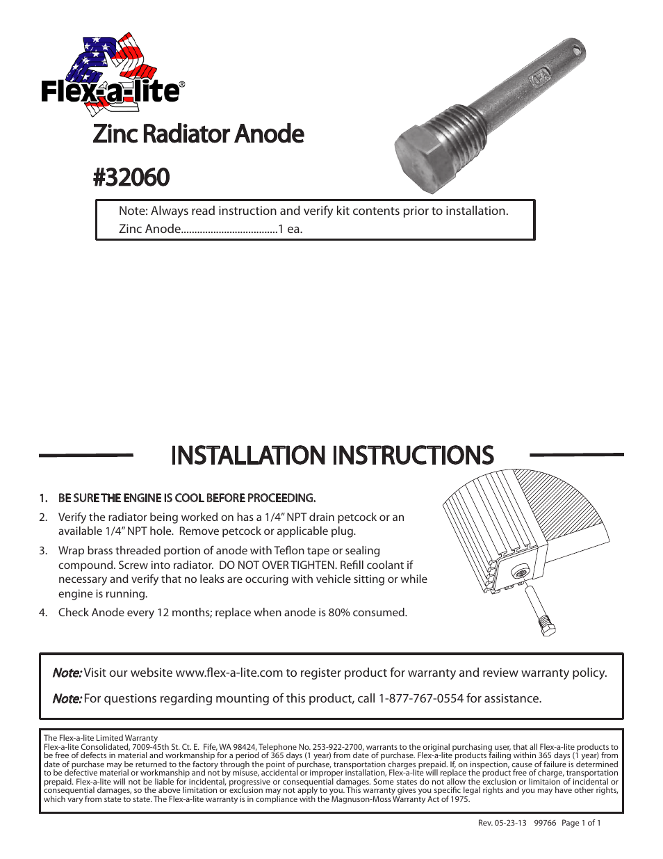 Flex-a-Lite 32060 Zinc Radiator Anode User Manual | 1 page