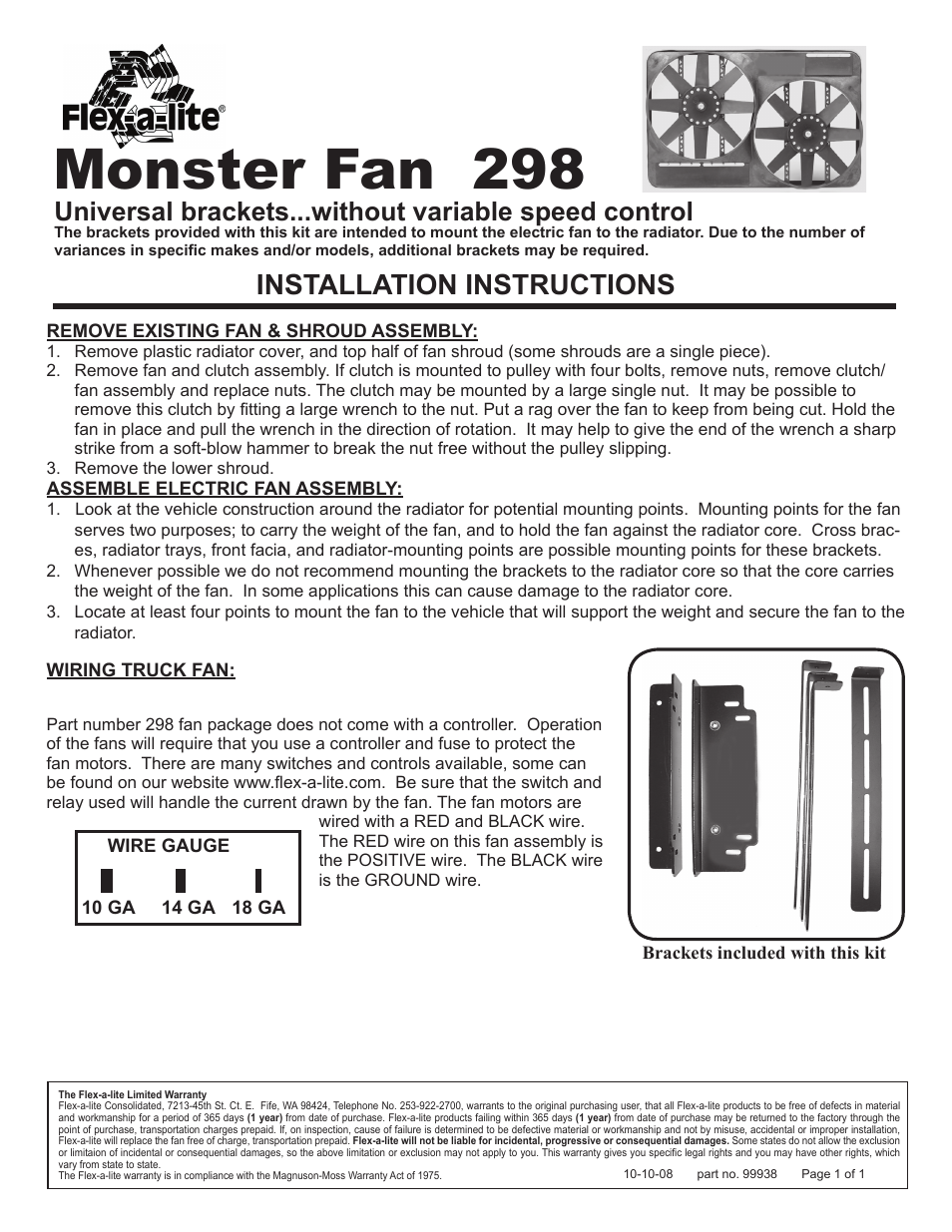Flex-a-Lite 298 Monster Fan User Manual | 1 page