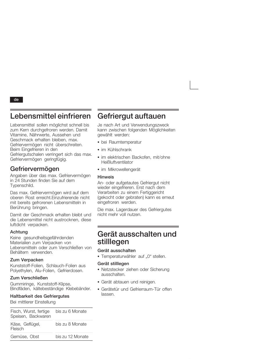 Lebensmittel einfrieren, Gefriergut auftauen, Gerät ausschalten und stilllegen | Gefriervermögen | Neff K4400X7FF User Manual | Page 10 / 64