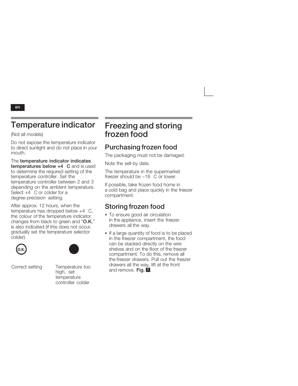 Temperature indicator, Freezing and storing frozen food, Purchasing frozen food | Storing frozen food | Neff K4400X7FF User Manual | Page 20 / 64