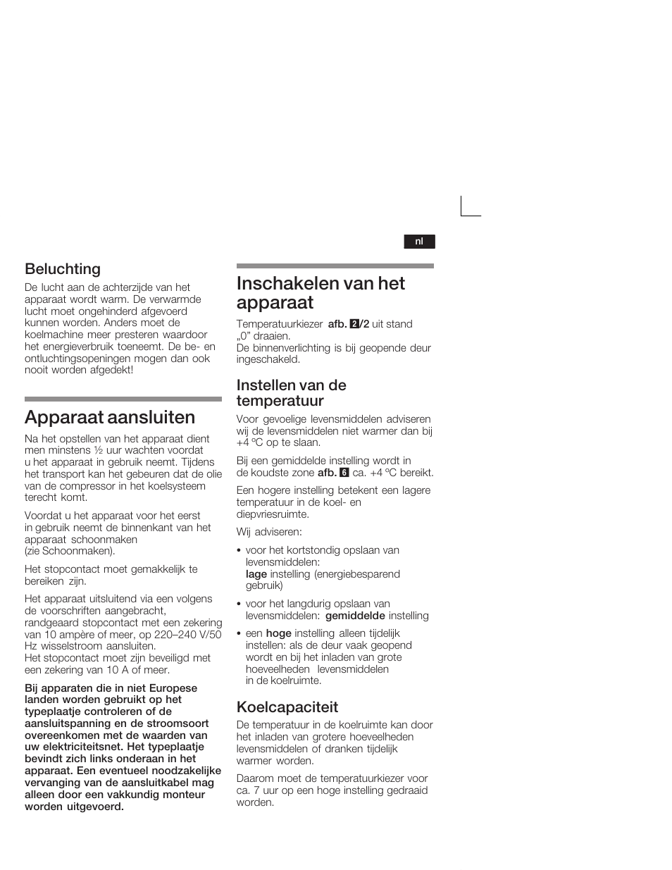 Apparaat aansluiten, Inschakelen van het apparaat, Beluchting | Instellen van de temperatuur, Koelcapaciteit | Neff K4400X7FF User Manual | Page 53 / 64