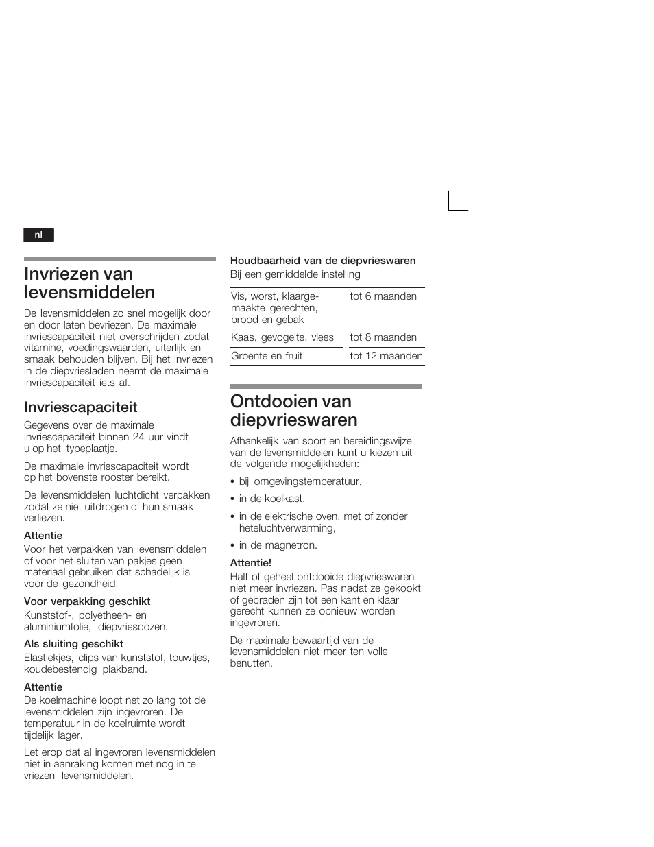 Invriezen van levensmiddelen, Ontdooien van diepvrieswaren, Invriescapaciteit | Neff K4400X7FF User Manual | Page 56 / 64