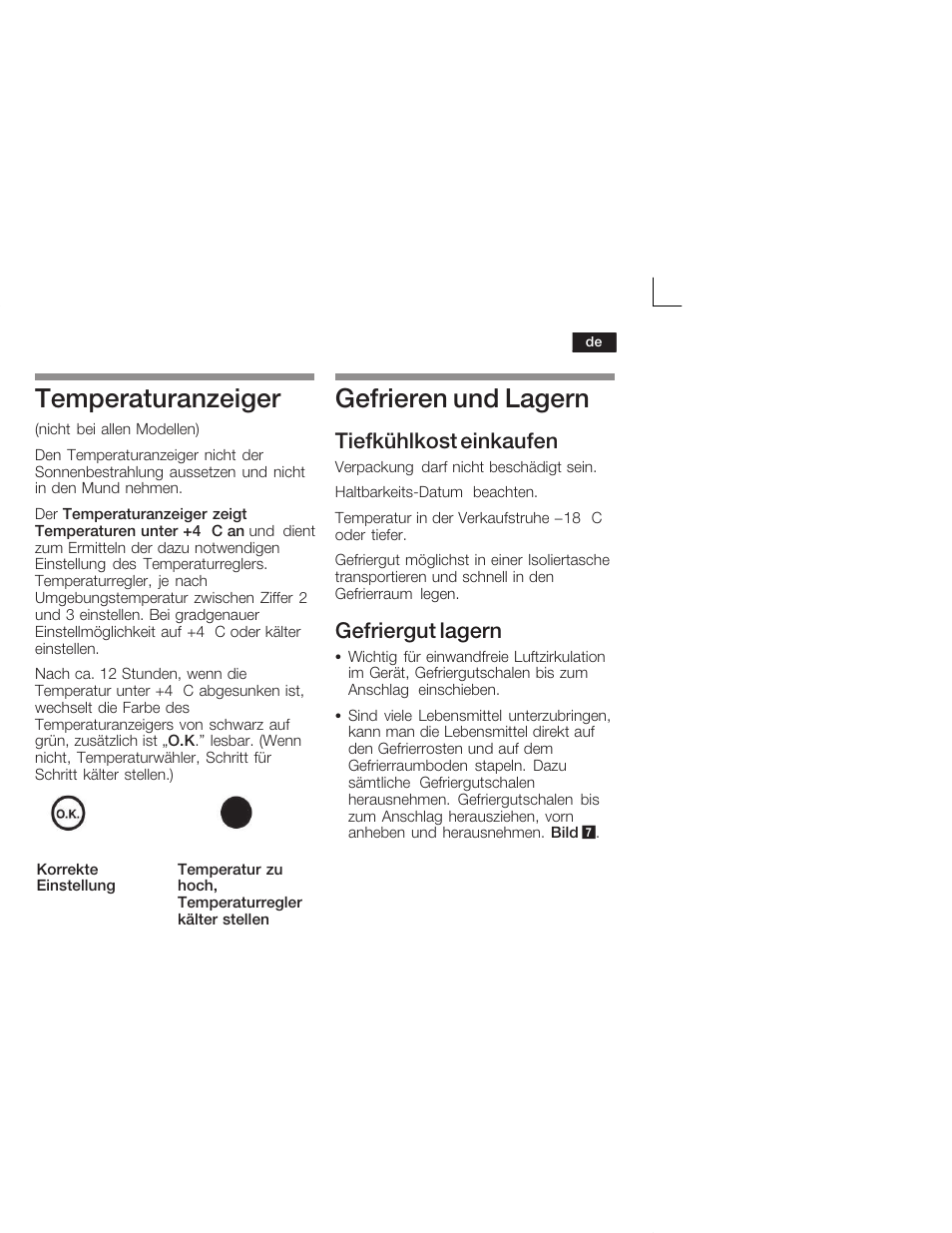 Temperaturanzeiger, Gefrieren und lagern, Tiefkühlkost einkaufen | Gefriergut lagern | Neff K4400X7FF User Manual | Page 9 / 64