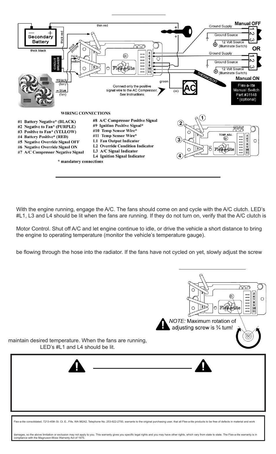 Initial start-up and adjustment procedures, Adjustment limit, Electrical surge warning | Wiring diagram | Flex-a-Lite 264 Dual Electric Fan User Manual | Page 4 / 4