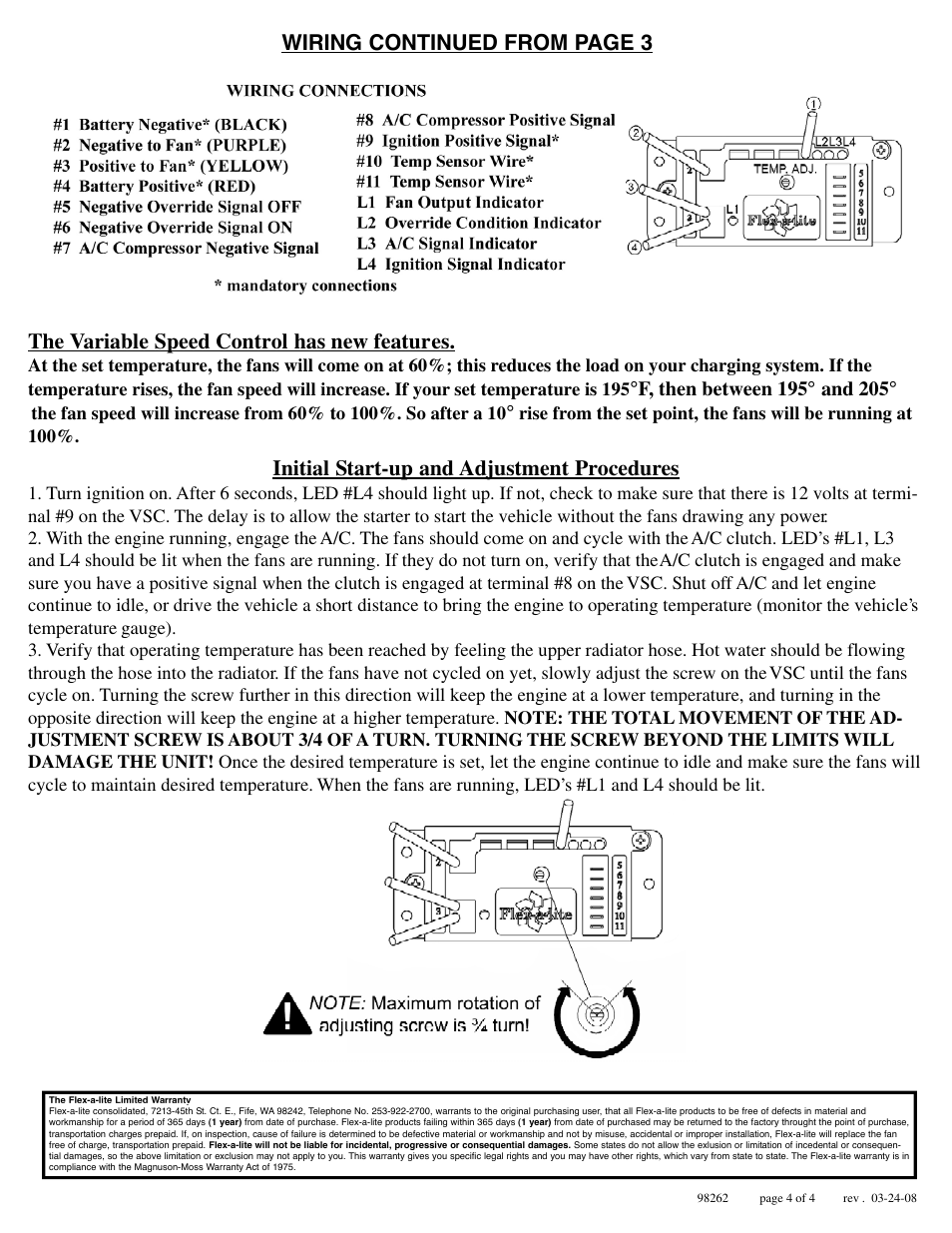 Initial start-up and adjustment procedures | Flex-a-Lite 262 Dual Electric Fan User Manual | Page 4 / 4