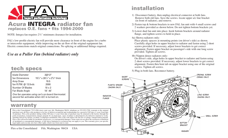 Flex-a-Lite 225 Acura INTEGRA radiator fan User Manual | 1 page