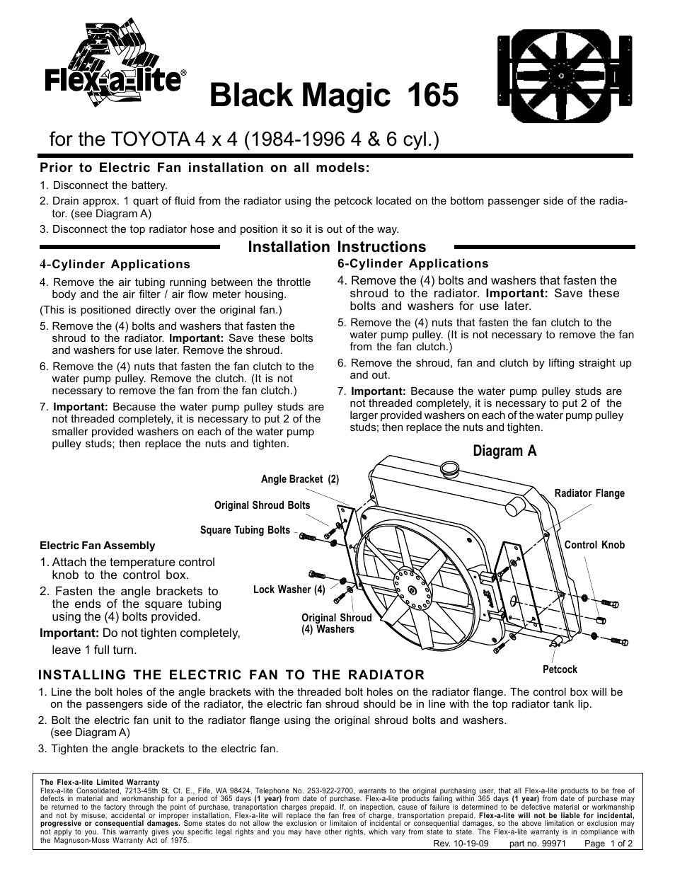 Flex-a-Lite 165 Black Magic for the TOYOTA 4 x 4 (1984-19964&6 cyl.) User Manual | 2 pages