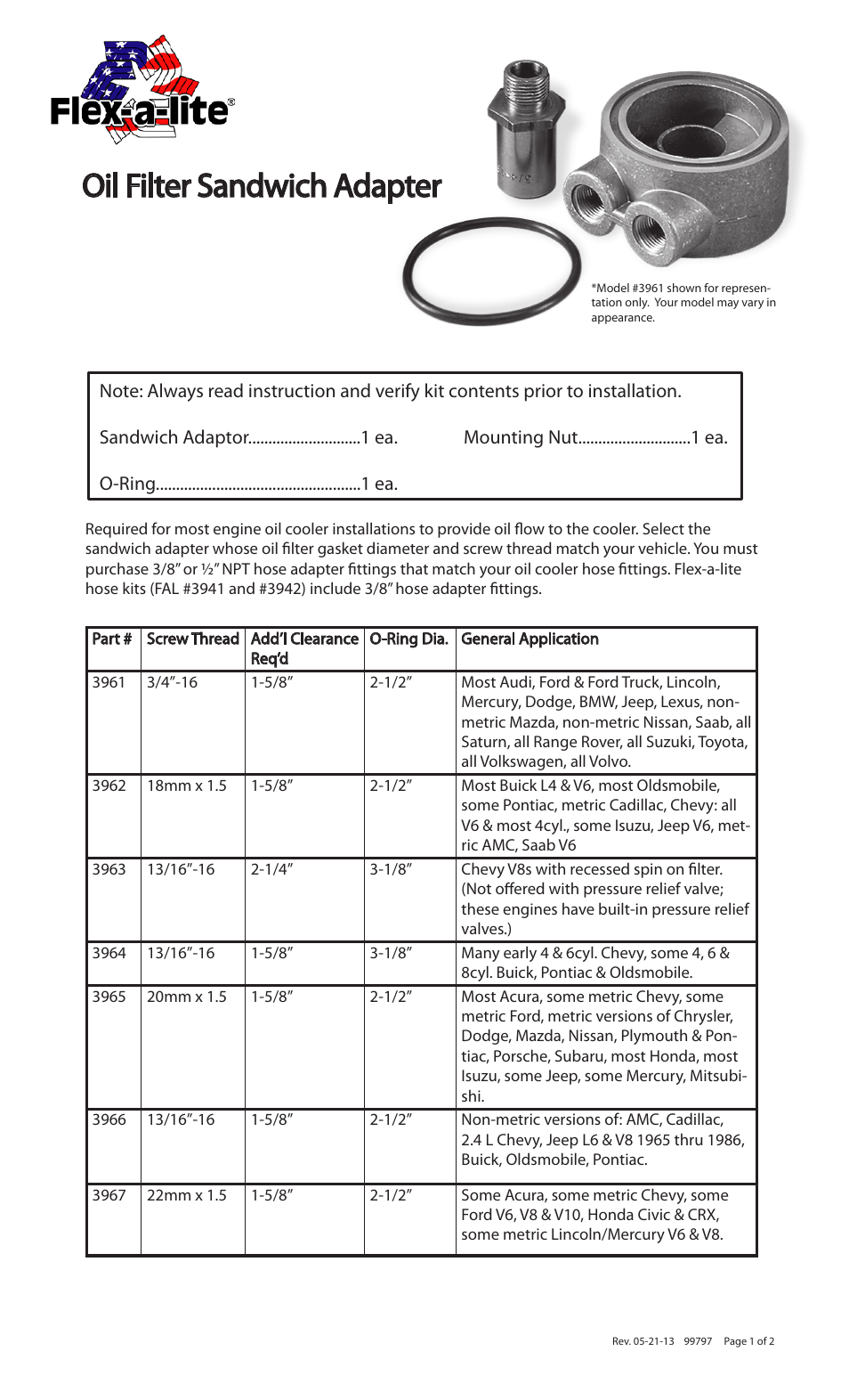 Flex-a-Lite 3961-3967 Oil Filter Sandwich Adapter User Manual | 2 pages