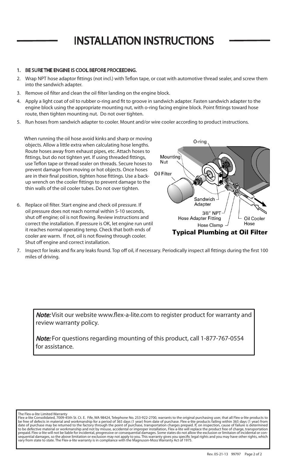 Installation instructions | Flex-a-Lite 3961-3967 Oil Filter Sandwich Adapter User Manual | Page 2 / 2