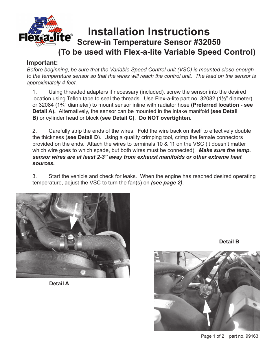 Flex-a-Lite 32050 Screw-in Temperature Sensor User Manual | 2 pages