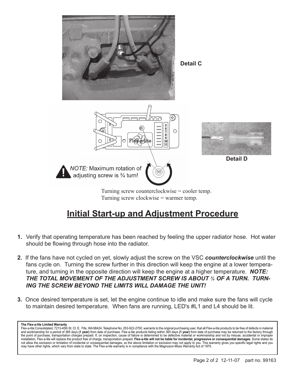 Initial start-up and adjustment procedure | Flex-a-Lite 32050 Screw-in Temperature Sensor User Manual | Page 2 / 2