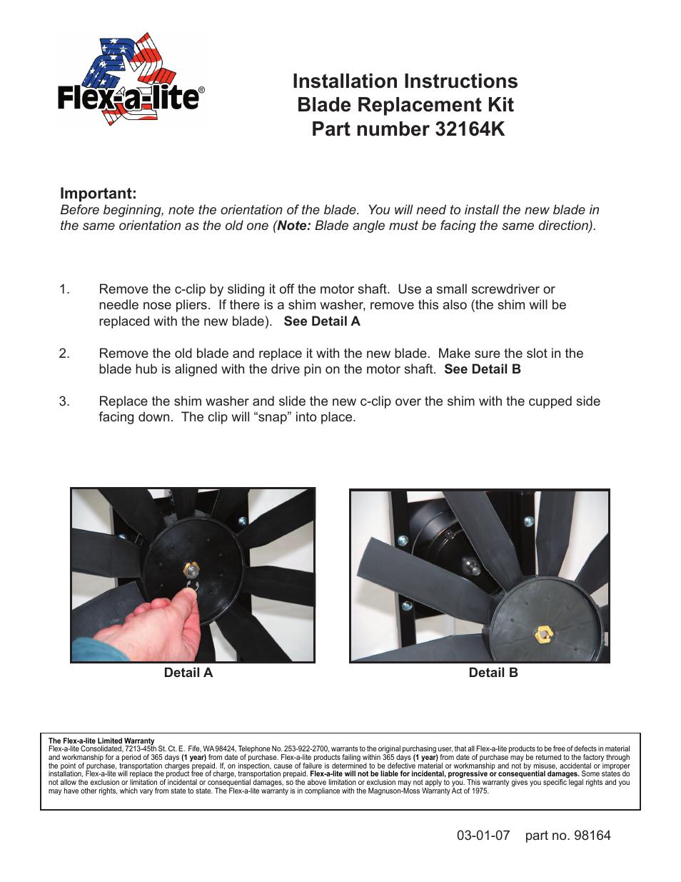 Flex-a-Lite 32164K Blade Replacement Kit User Manual | 1 page