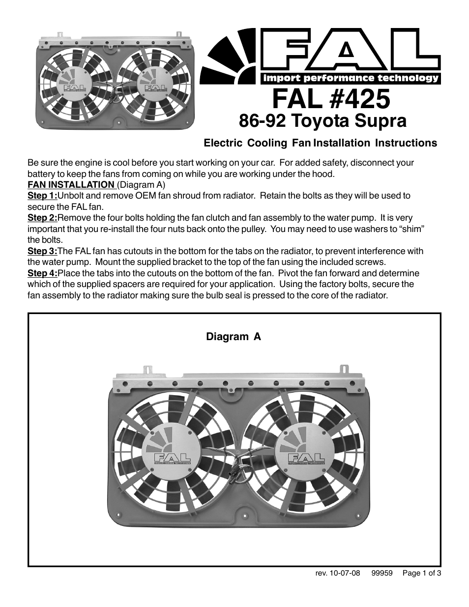 Flex-a-Lite 425 86-92 Toyota Supra Electric Cooling Fan User Manual | 3 pages