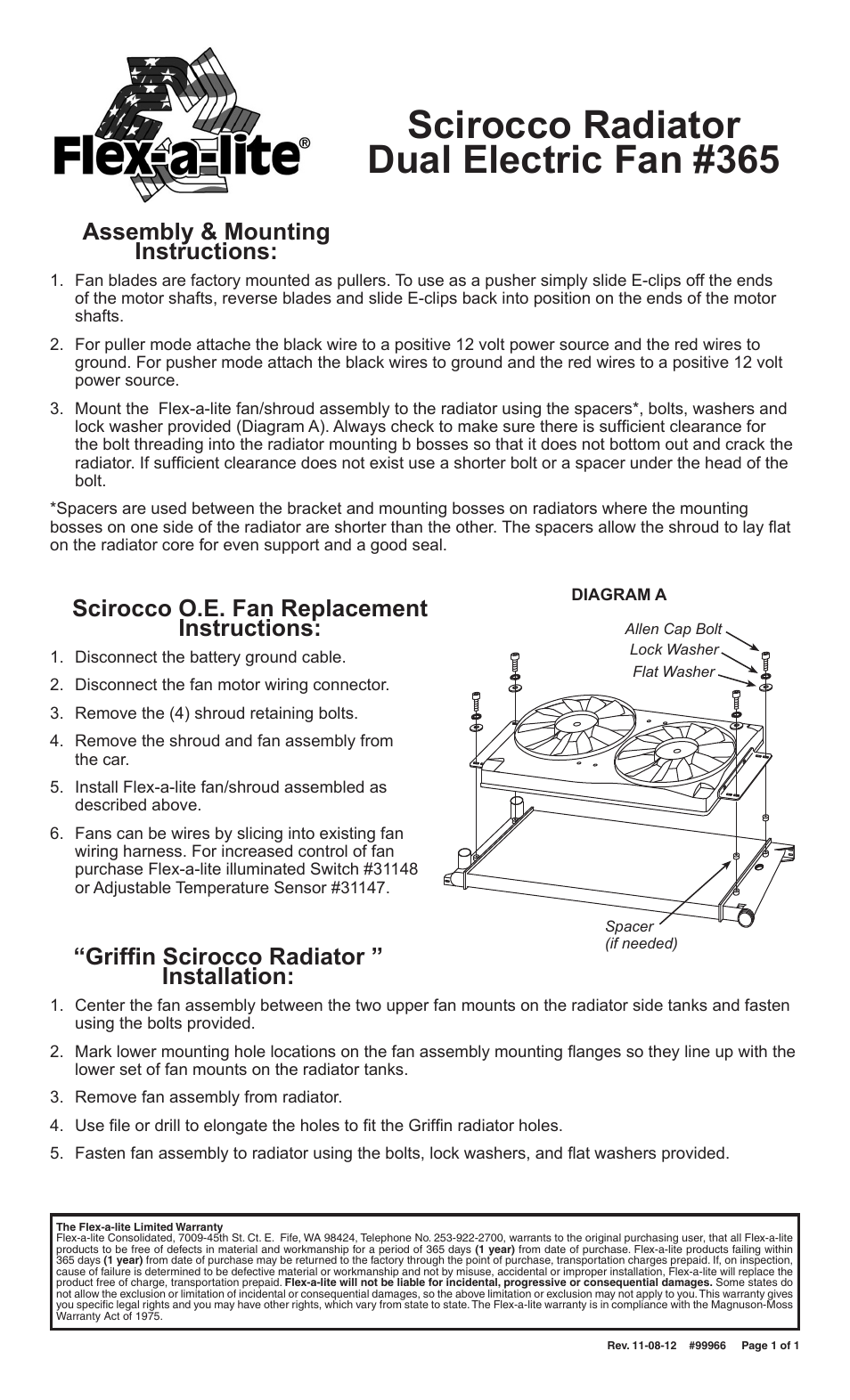 Flex-a-Lite 365 Dual Electric Fan User Manual | 1 page