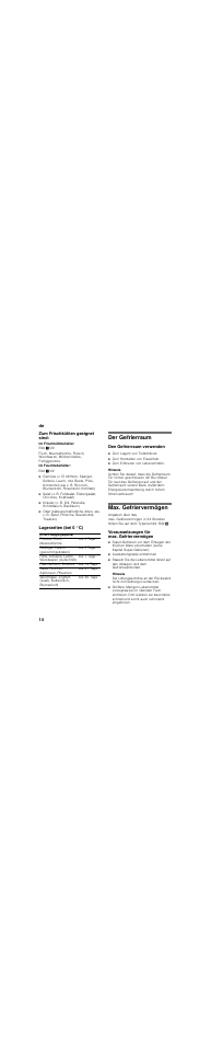 Zum frischkühlen geeignet sind, Lagerzeiten (bei 0 °c), Der gefrierraum | Den gefrierraum verwenden, Zum lagern von tiefkühlkost, Zum herstellen von eiswürfeln, Zum einfrieren von lebensmitteln, Max. gefriervermögen, Voraussetzungen für max. gefriervermögen, Ausstattungsteile entnehmen | Neff K8345X0 User Manual | Page 14 / 115