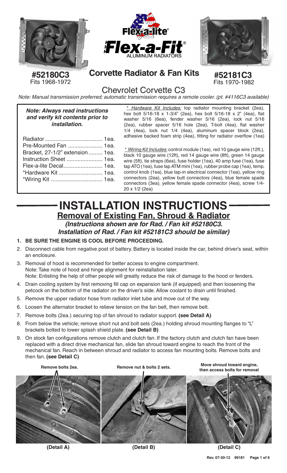 Flex-a-Lite 52181C3 Corvette Radiator & Fan Kits User Manual | 6 pages